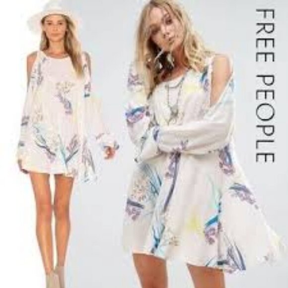 Free People Clear Skies Printed Tunic Mini Dress Neutral Floral Size Large - Picture 1 of 9